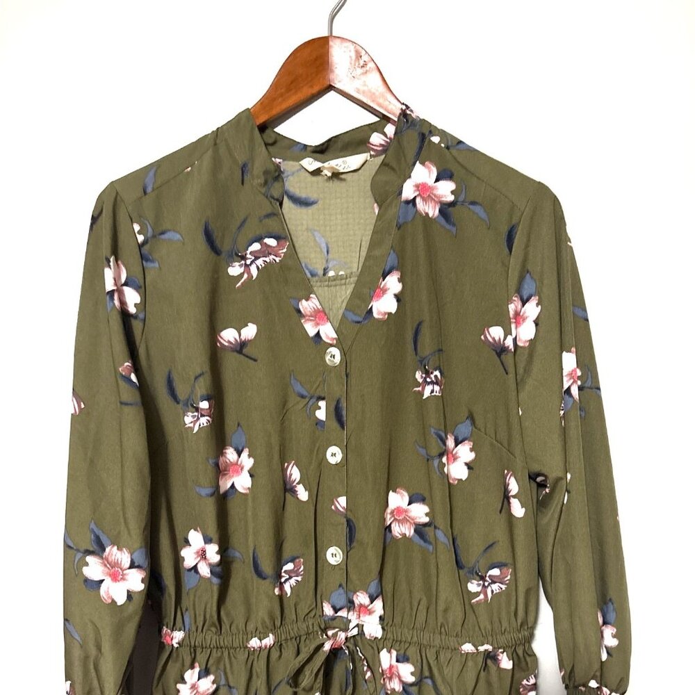 Green Floral Button-Down Dress With Long Sleeves & Elastic Waist 1X Indulge Styl - Picture 2 of 7